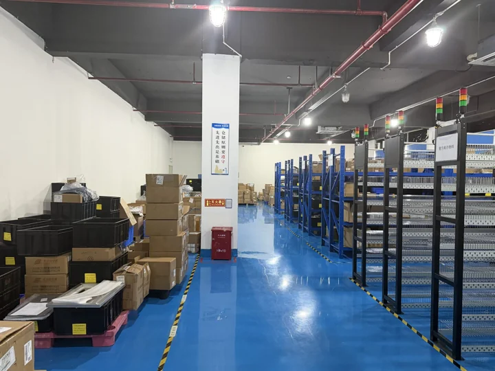 Material storage shelves at the Shenzhen PCBA factory